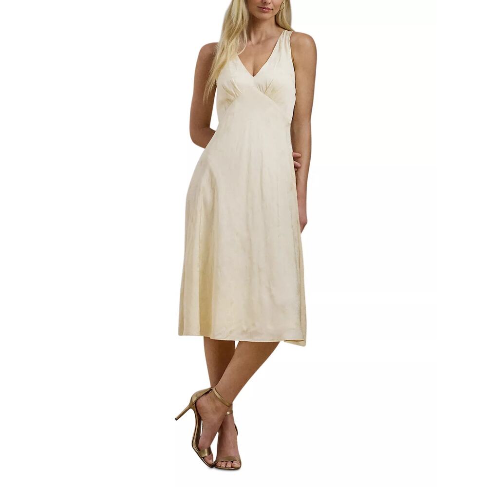 Lauren Ralph Lauren Floral Jacquard Sleeveless Midi Dress Ivory Beige Size 8